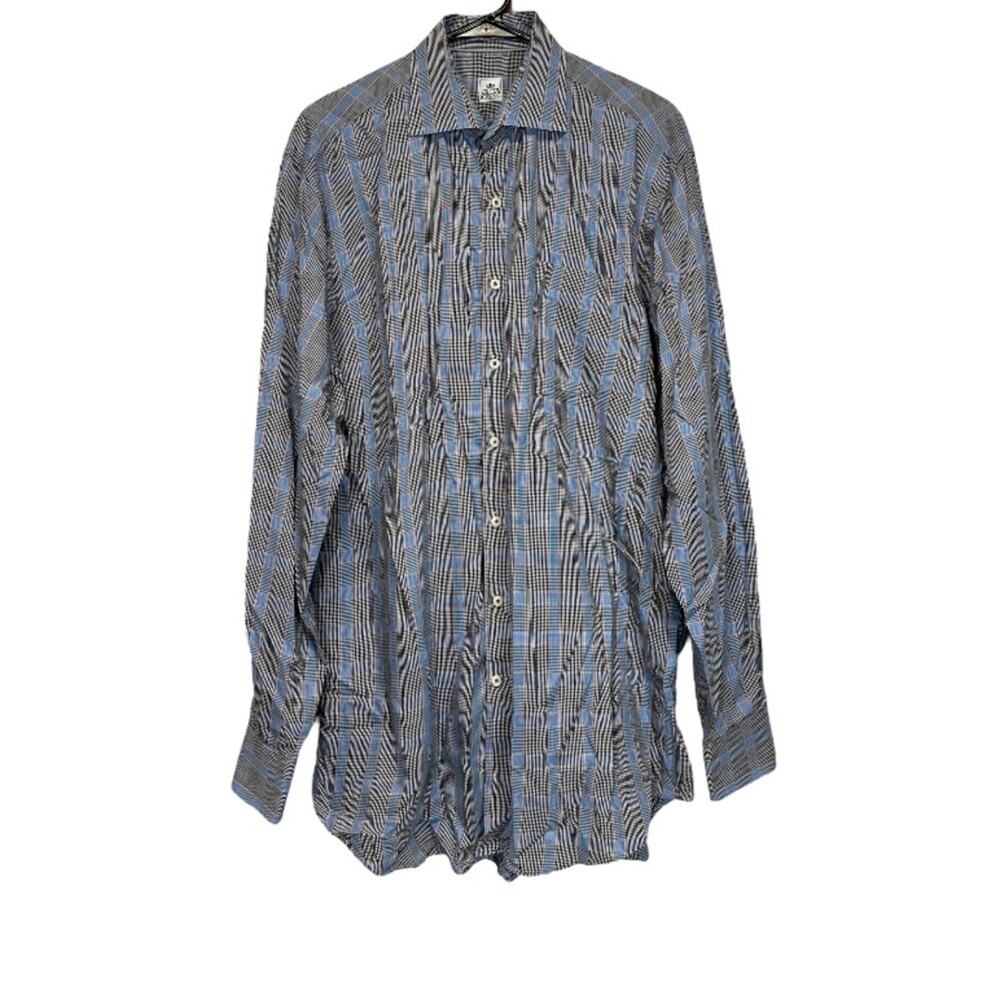 Peter Millar Gray & Blue Plaid Striped Long Sleeve Button Down Shirt Size L T
